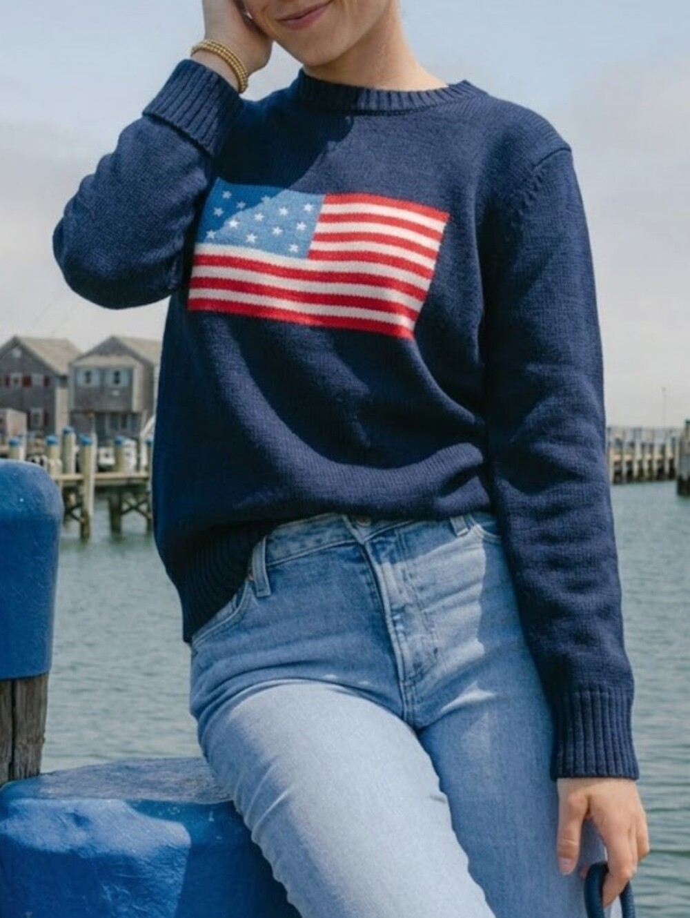 Ellsworth + Ivey Classic Crewneck American Flag Women Sweater Blue Size Medium